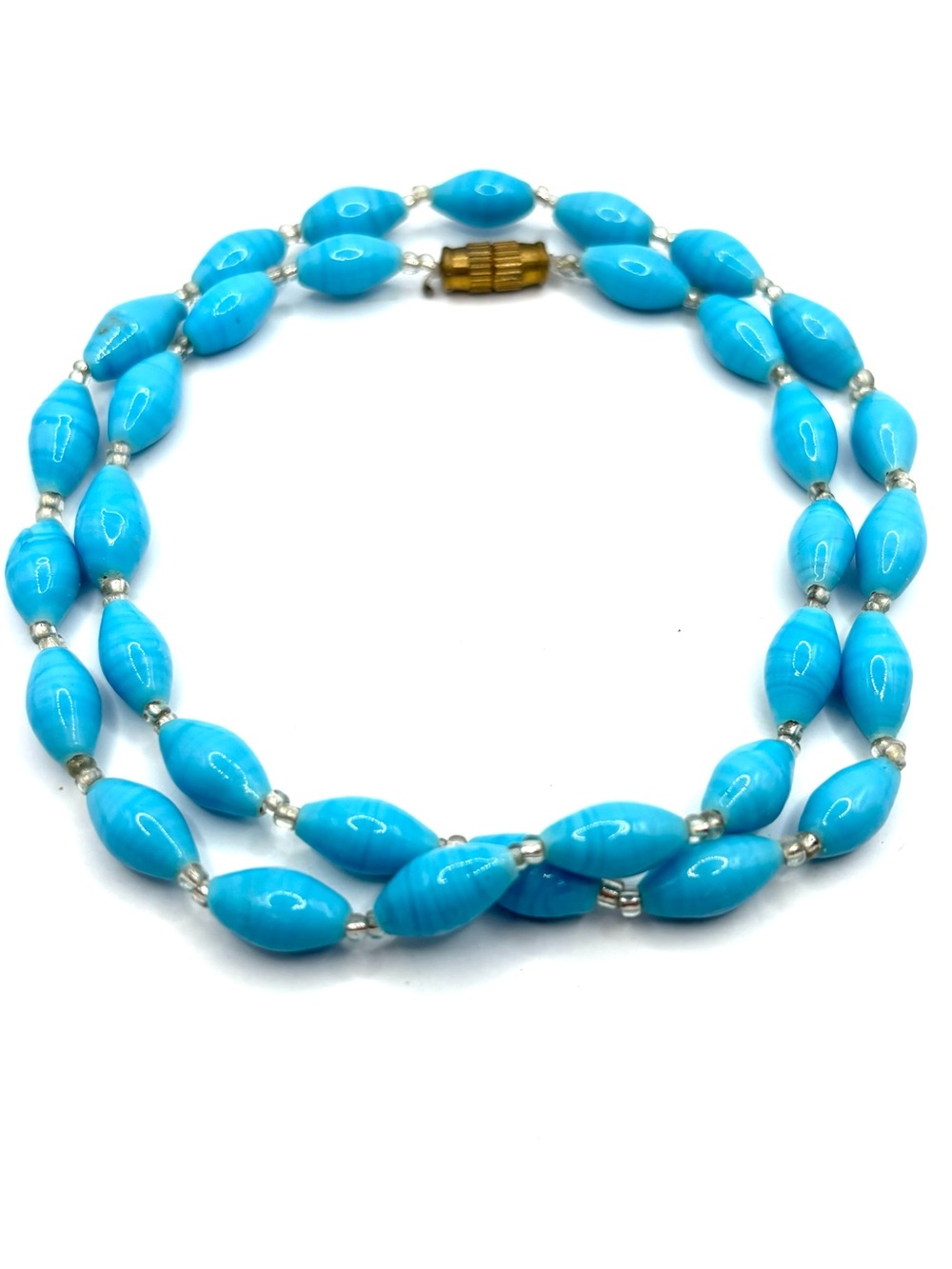 Vintage Glass Marbled Oval Tiffany Light Blue Bead Strand Collar Necklace
